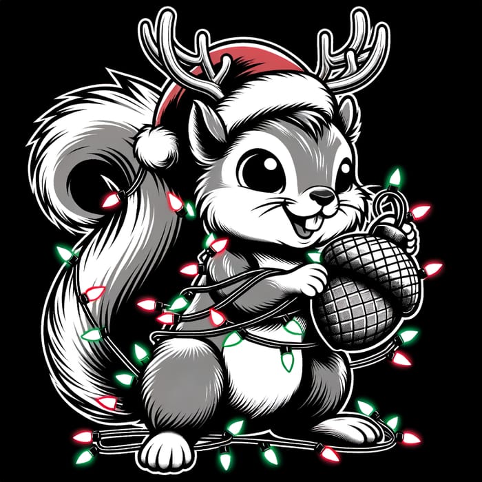 Cartoon Squirrel with Santa Hat & Acorn in Christmas Lights