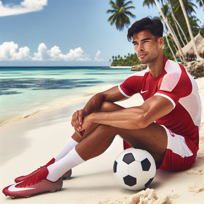 Skilled Soccer Player Sitting on Dominican Republic Beach
