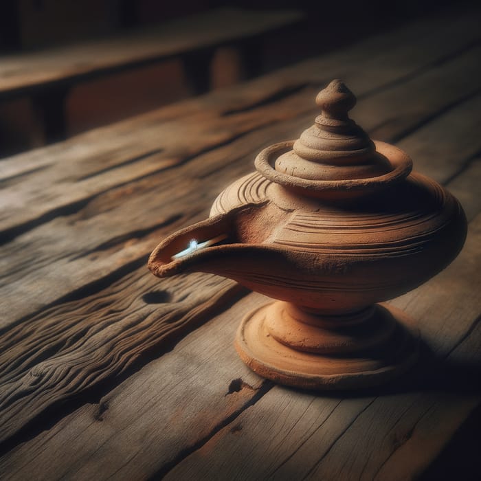 Handcrafted Earthen Lamp on Rustic Wooden Table