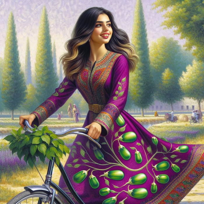 Young Girl Riding Bicycle in Eggplant Outfit
