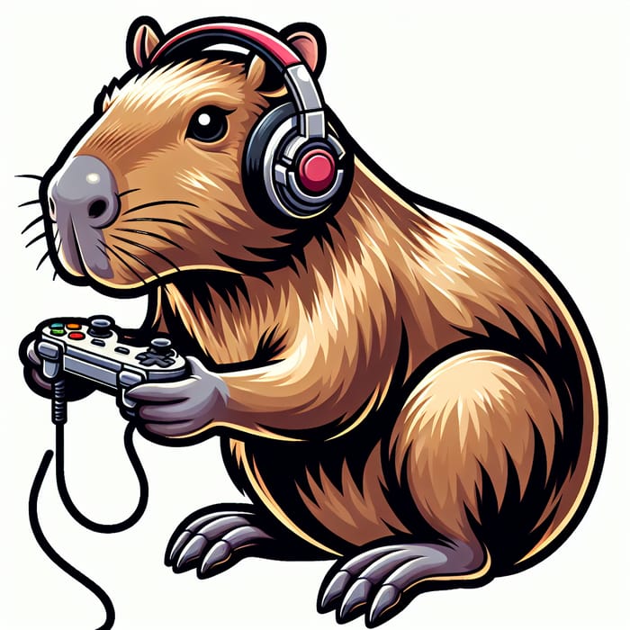 Detailed Capybara Illustration with Game Controller and Headphone