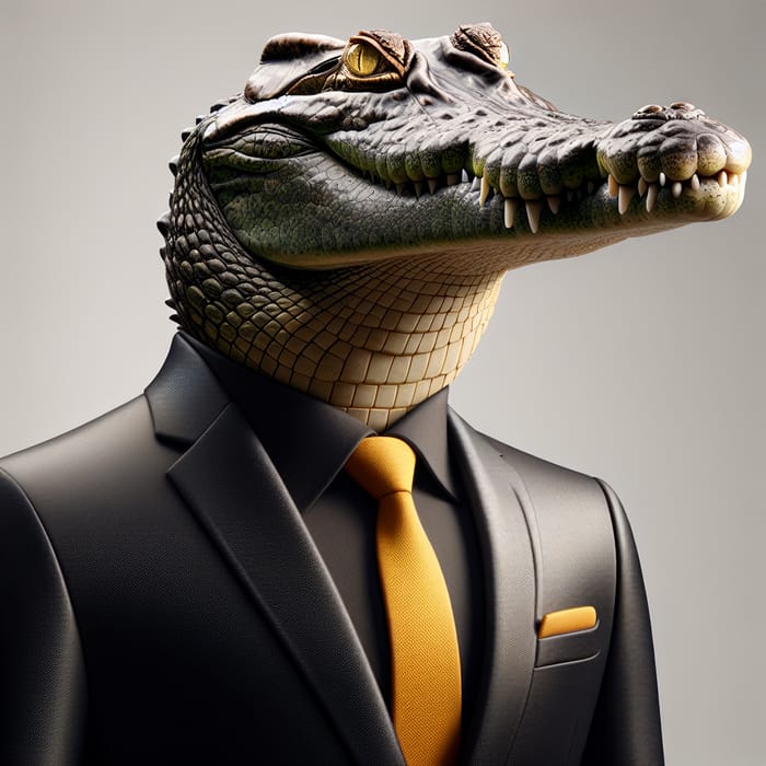 Elegant Crocodile in Black Suit and Yellow Tie