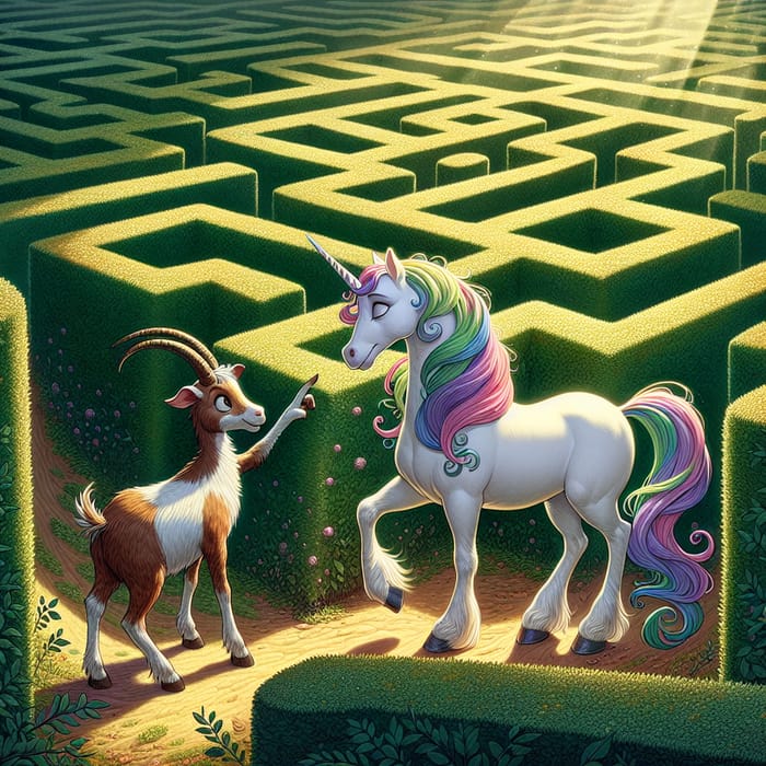 Majestic Unicorn and Friendly Goat in Enchanted Forest Maze