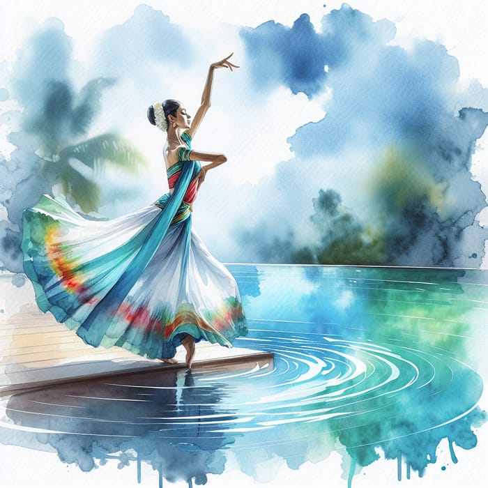 Pool Dancer in Vibrant Watercolor | Graceful South Asian Performance