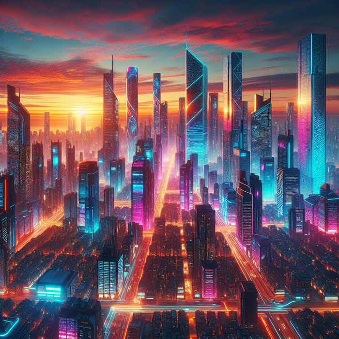 Neon Cyberpunk Cityscape - Vibrant Sunset Megapolis