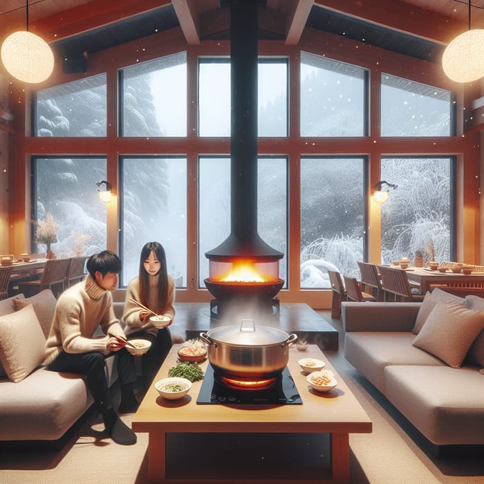 Cozy Winter Guesthouse Living Room with Fireplace and Hot Pot Scene