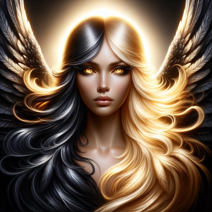 Golden-Haired Angel with Black Wings - Divine Beauty