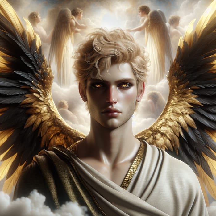 Golden-Haired Male Angel with Black Wings - Celestial Elegance