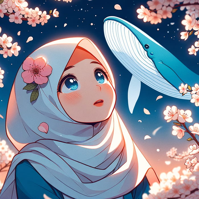 Girl in White Hijab under Blue Whale with Sakura Flowers | Vintage Animation Art