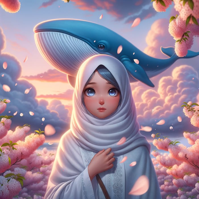 Middle-Eastern Girl in White Hijab with Sakura Blossoms and Blue Whale