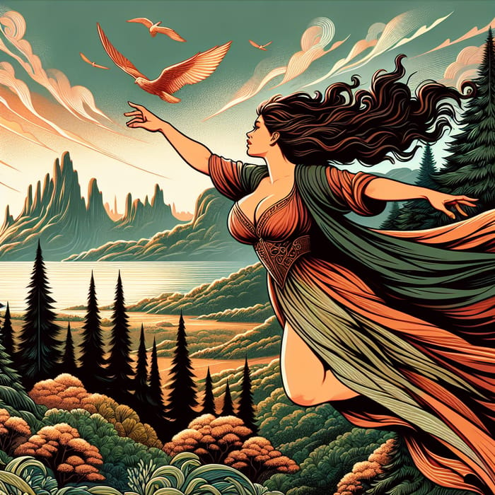 Curvy Woman Soaring High in Epic Fantasy Wilderness Scene