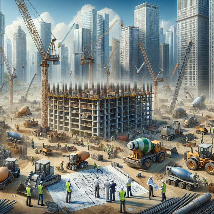 Realistic Construction Site in City | Busy Workers and Machinery