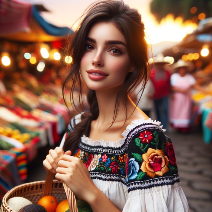 Young Mexican Woman in Colorful Dress at Vibrant Market