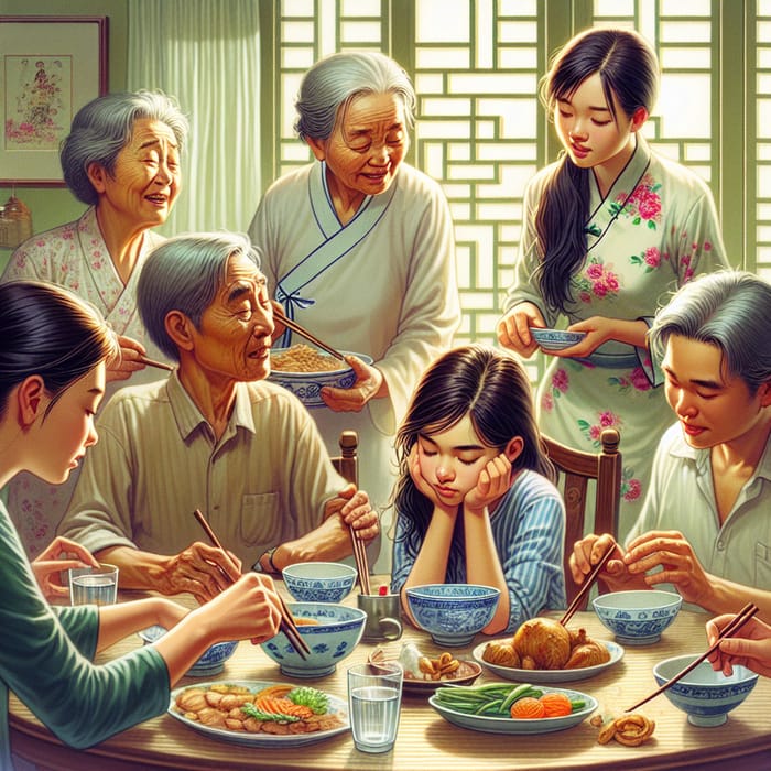 Vivid Asian Family Dinner Illustration: Teenage Girl Daydreaming Moment