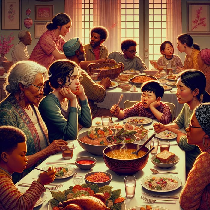 Detailed Family Dinner Illustration: Teenage Girl Daydreaming Amidst Vibrant Chaos
