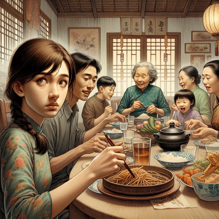 Detailed Asian Family Dinner Scene with Teenage Girl Distracted