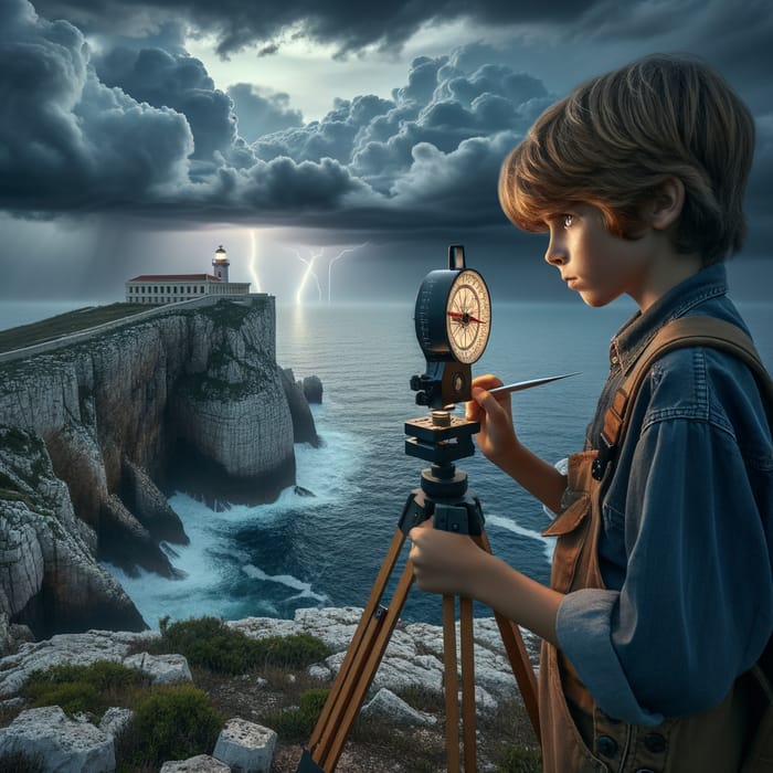 Boy with Compass at Stormy Cliff Observation Point