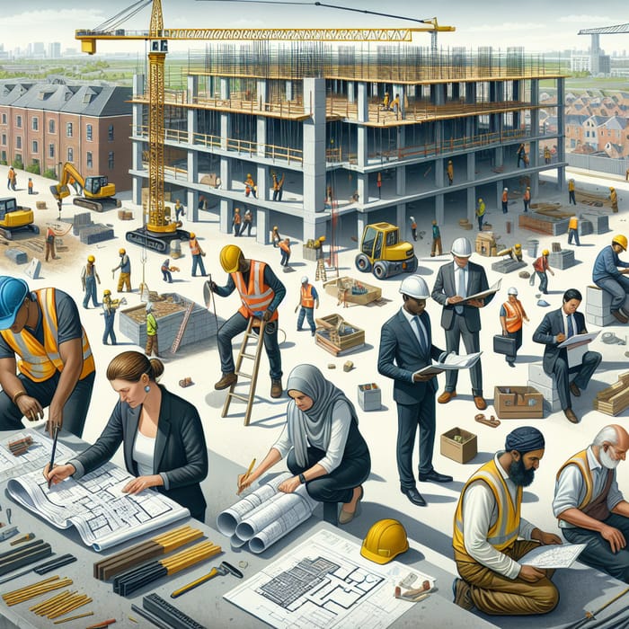 Detailed Daytime Construction Scene with Diverse Workers