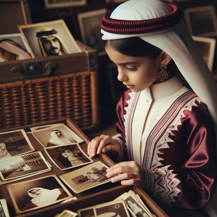 Qatari Girl in Traditional Attire Showcasing Vintage Photos