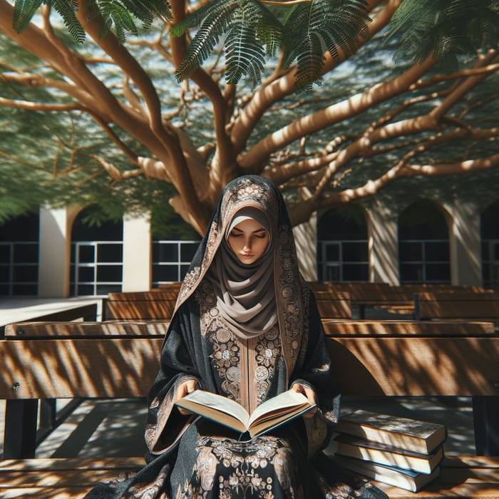Beautiful Student in Abaya and Veil Reading Under Tree