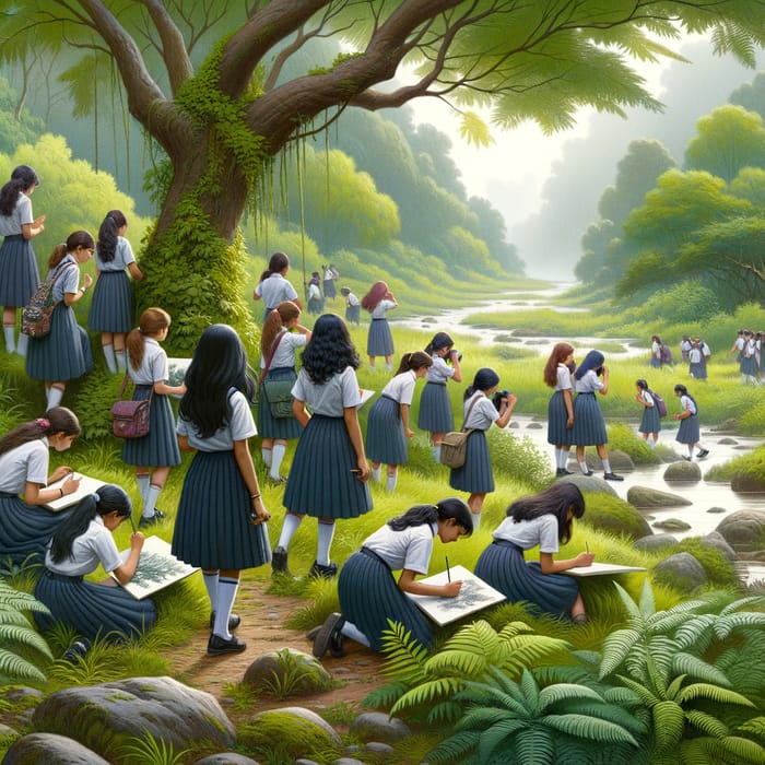 Respectable School Girls Enjoy Nature on a School Outing
