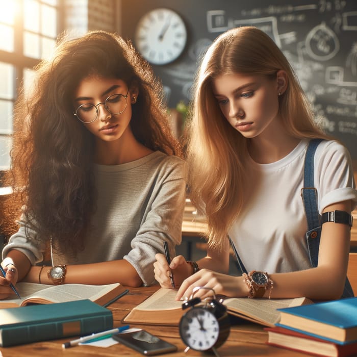 Two Student Girls Collaborating in School Setting