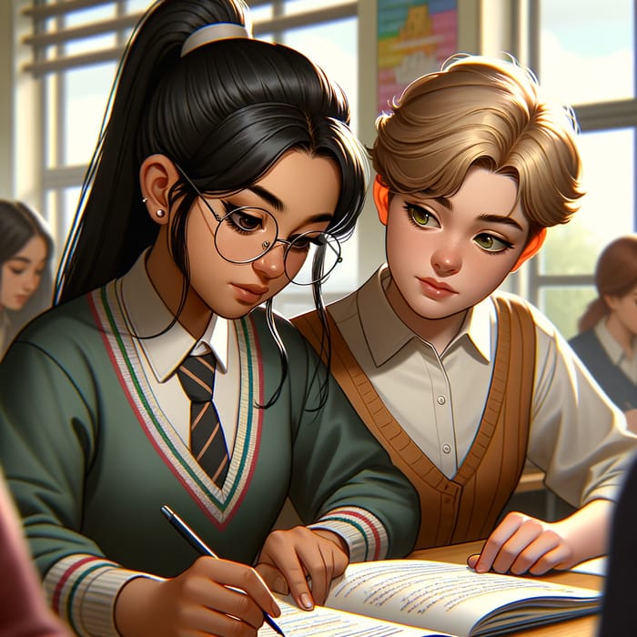 Student Girls Collaborating in School Setting