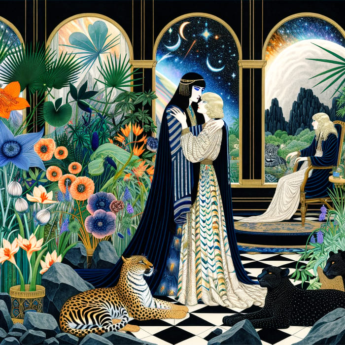 Queen of Plants & Flowers: Luxurious Scene with Panthers and Leopards