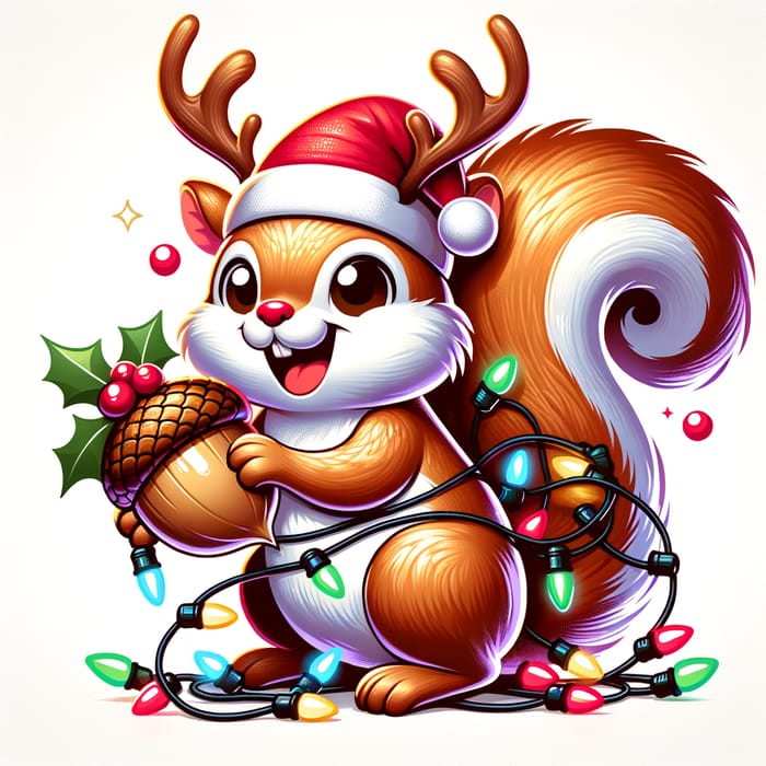 Whimsical Christmas Squirrel Illustration with Holly Berry Acorn & Fairy Lights