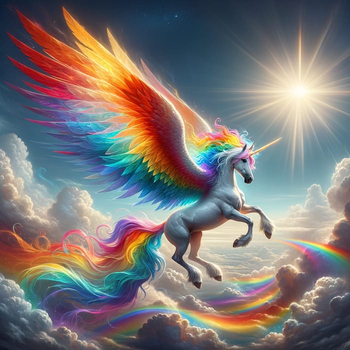Mythical Unicorn with Rainbow Wings Soaring in Sunny Sky