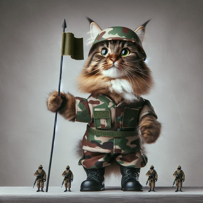 Soldier Cat: Brave Feline in Military Attire Stands Ready