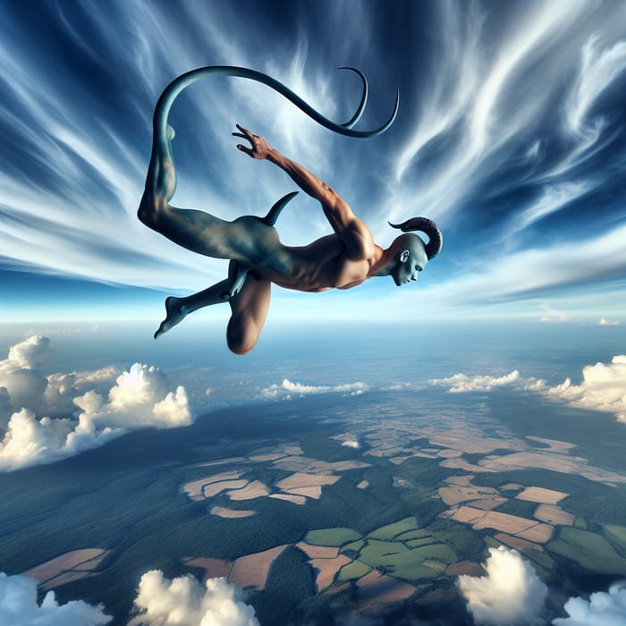 Enigmatic Sky Diver with Tail and Horn Plunging to Earth