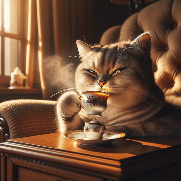 Clever Cat Sipping Tea with Amusing Mockery | Cozy Scene