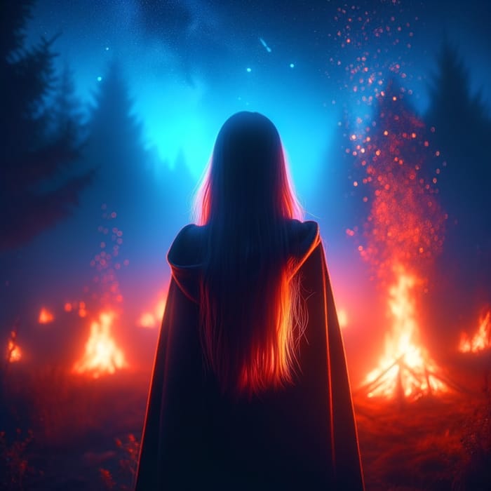 Mysterious Girl by Bonfire: Fiery Red Night Scene