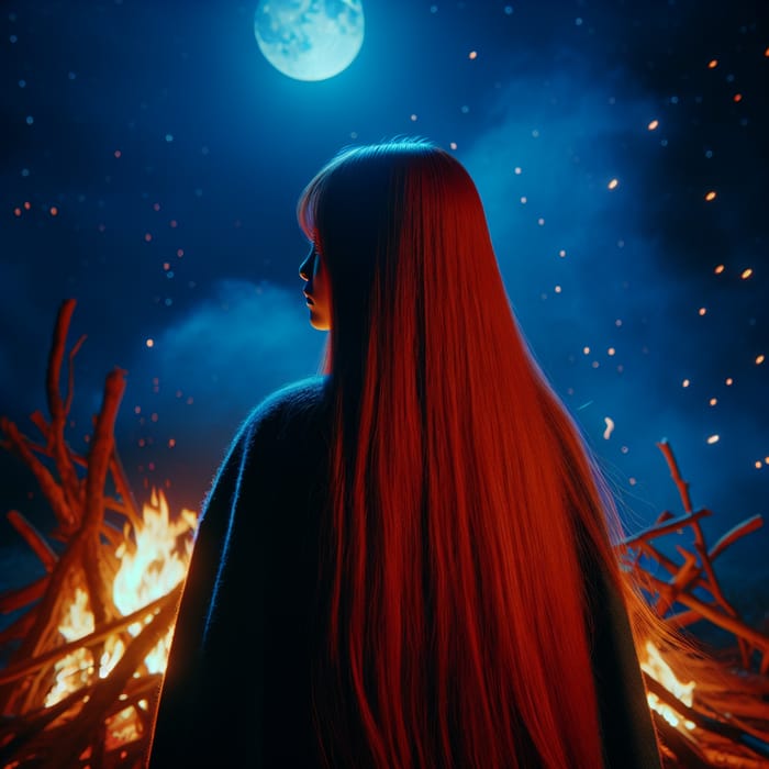 Mysterious Girl with Fiery Red Hair by Enchanting Fire