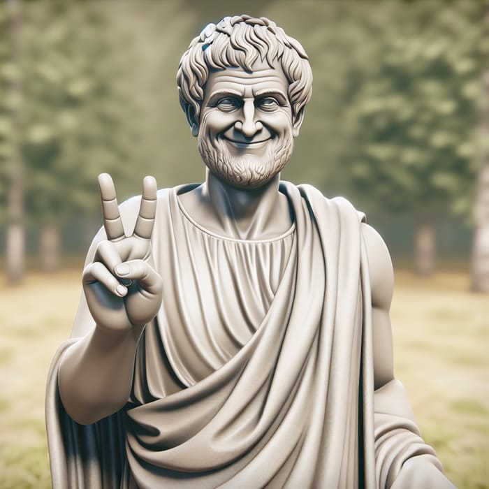 Aristotle Smiling and Making Peace Sign in Real World