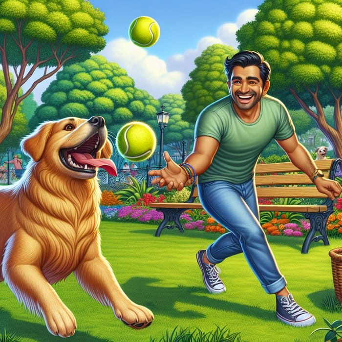 Hispanic Man and Golden Retriever Playing in Park