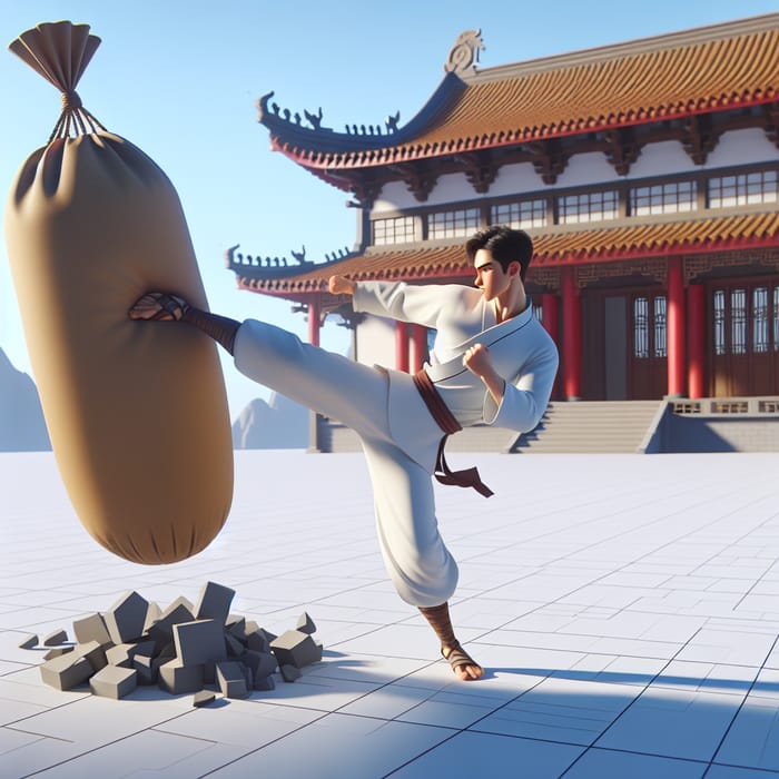 3D Bruce Lee Kicking Sandbag in Chinese Temple Scene
