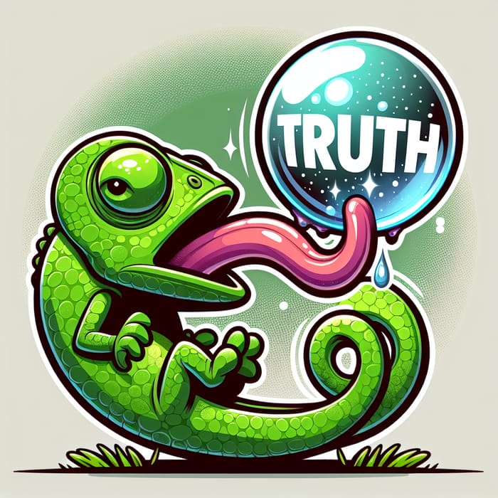 Green Chameleon Catching Truth - Cartoon Style Illustration