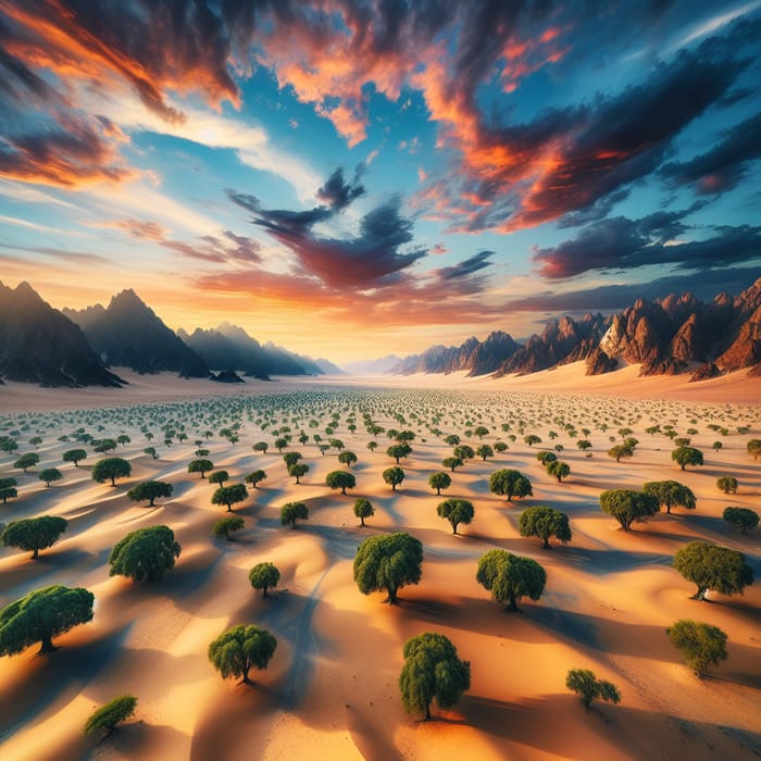 Endless Desert Landscape with Verdant Trees | Towering Mountains