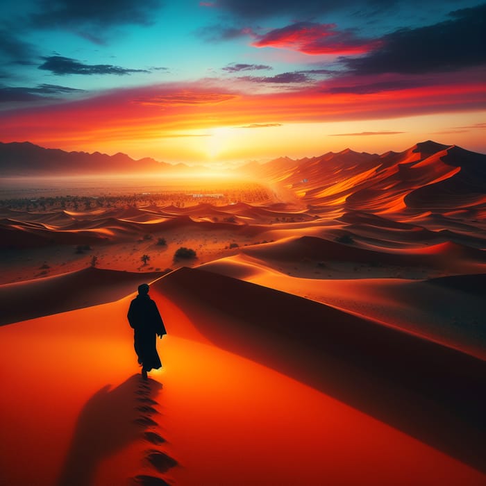 Expansive Desert Landscape: Solitary Middle-Eastern Figure at Sunset