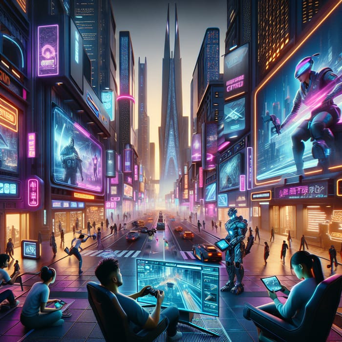 Cyberpunk Gamers in Futuristic Cityscape | Virtual Gaming Hub