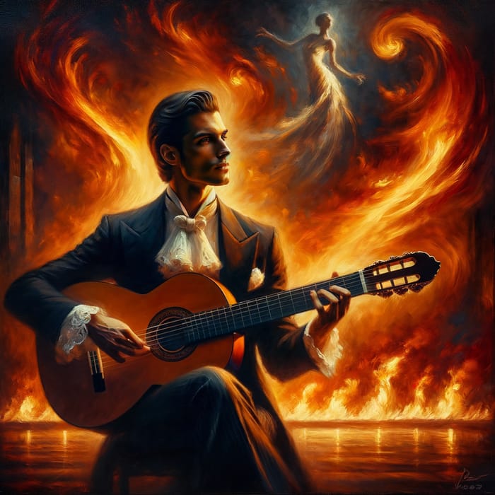Elegant Portrait of Hispanic Classical Guitarist Amid Dancing Flames