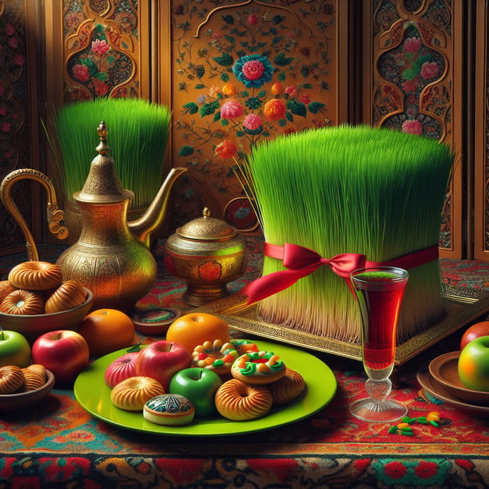 Vibrant Persian Still Life with Teapot, Pastries & Fruits