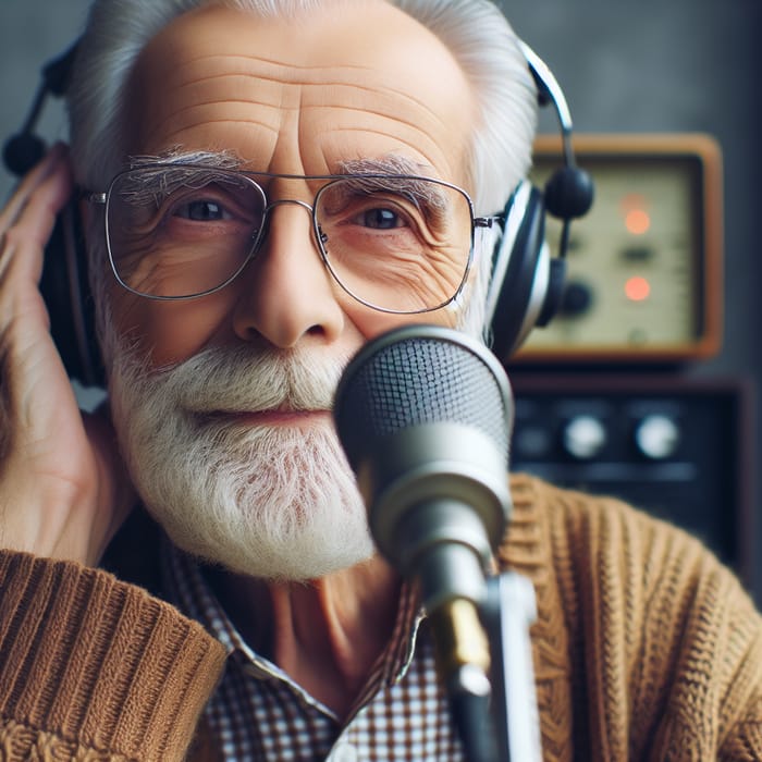 Senior Radio Broadcaster, Age Around 80, Clean-Shaven with Glasses