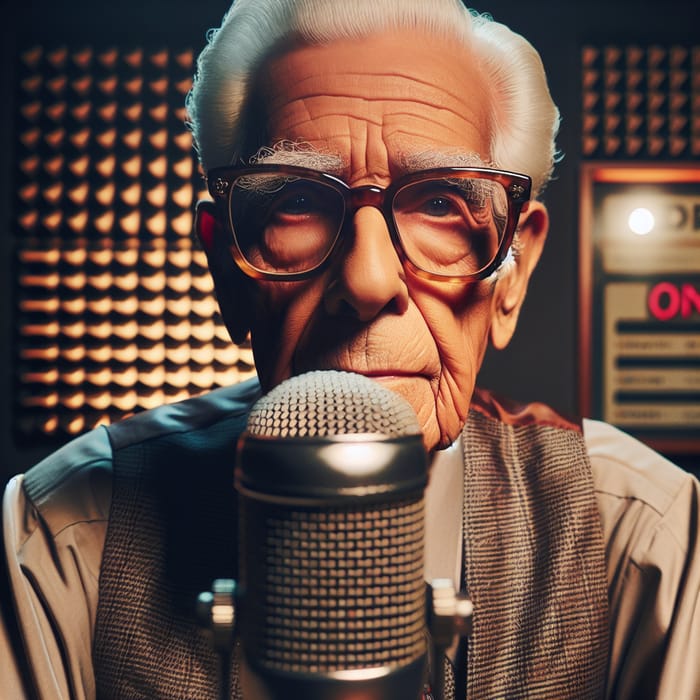 Elderly Announcer in Vintage Studio with Glasses