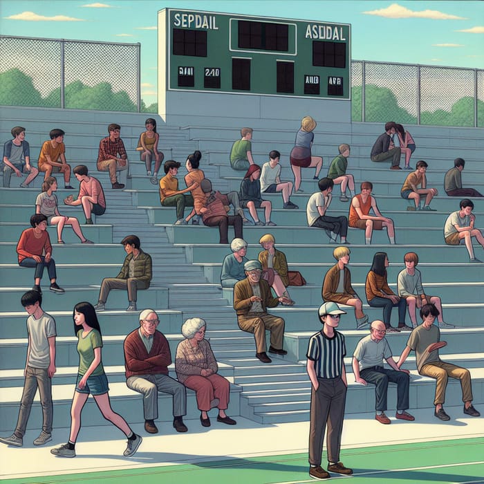 School Sports Ground Scene: Bored Students, Vacant Scoreboard, Sparse Spectators School Sports Ground Scene: Bored Students, Vacant Scoreboard, Sparse Spectators
