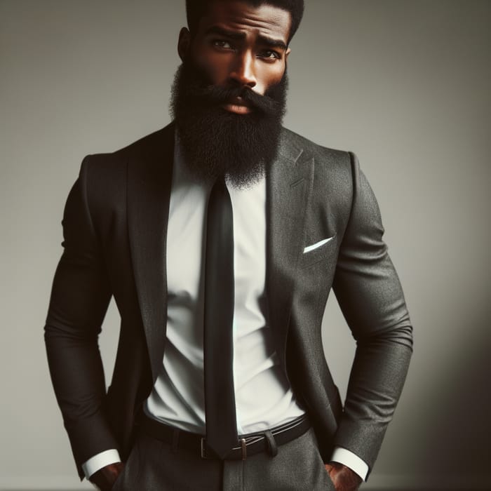 Confident Bearded Man in White Shirt and Gray Suit