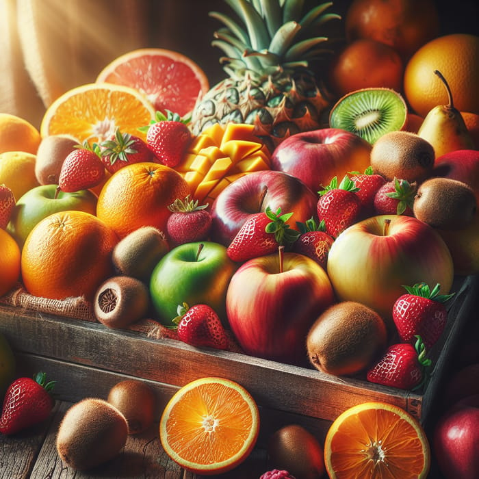 Vibrant Organic Fruits Display - Fresh Mangoes, Oranges & More