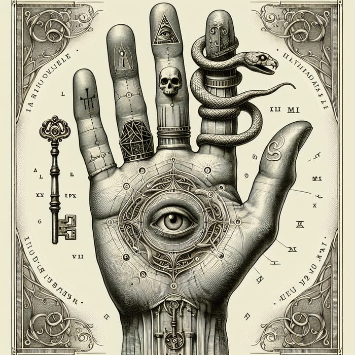 Victorian Era Hand Illustration with Key, Skull, Eye, Star & Snake